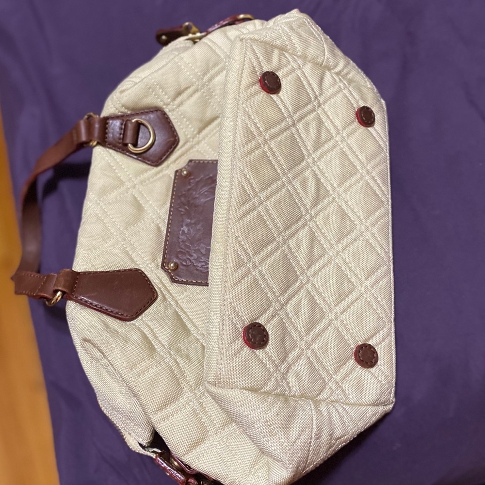 MZ Wallace Cream Quilted Satchel with Brown Leather Trim